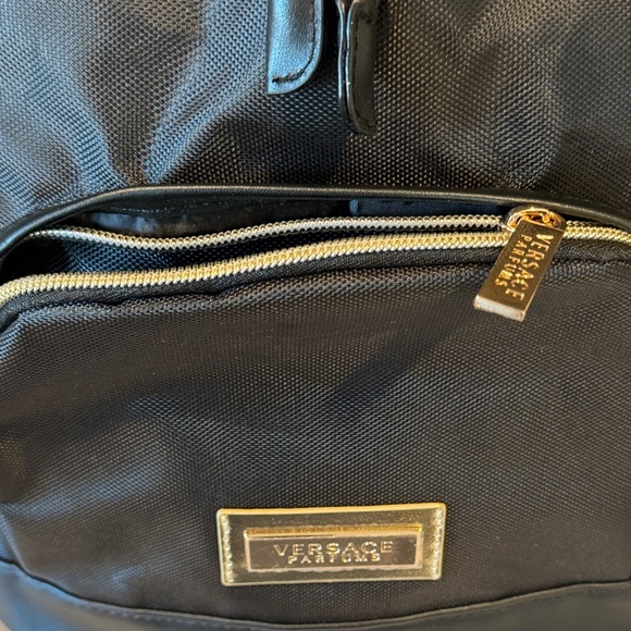 Versace Parfums Black Nylon Backpack Gold Logo Greek Key Straps NWOT - Picture 10 of 16